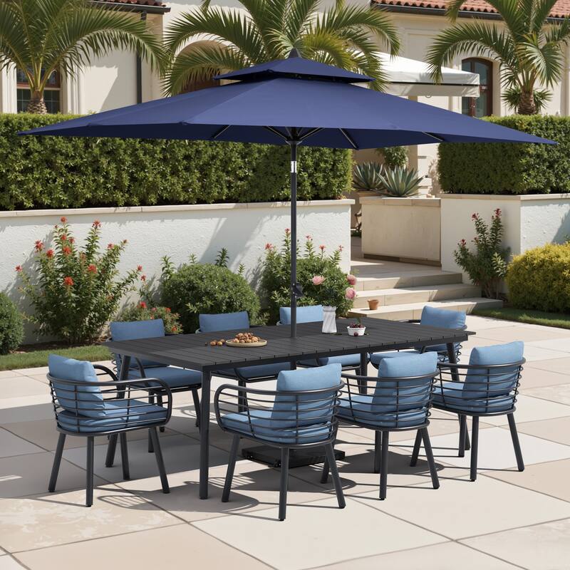 11-Piece Outdoor Patio Dining Set with Sunbrella Cushion Aluminum Dining Table and Chairs w/10 ft Umbrella and Base with Wheels - Black Table with Navy Blue Umbrella
