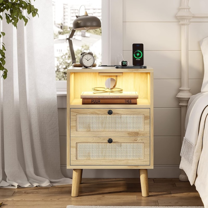Rattan Nightstand for Bedroom Charging Station USB Ports LED Lights
