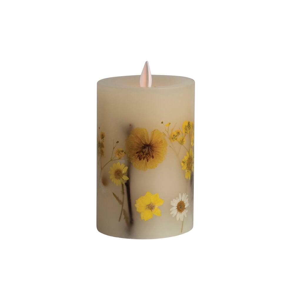 Pillar LED Candle with Daisy Inlay and Timer - 3.3"L x 3.3"W x 5.0"H