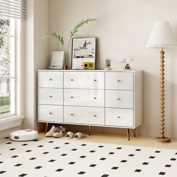 Contemporary 9-Drawer Dresser - High Gloss Finish with Gold Legs Chest -  Bed Bath & Beyond - 38986892