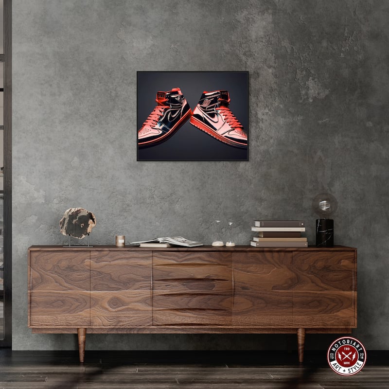 Notoriart Red Sneakers On Display Framed Sneaker 1 Piece Canvas Wall Art