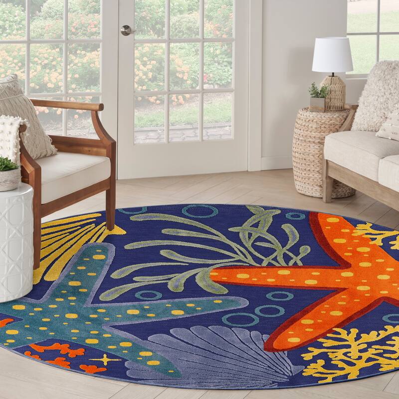 Nourison Aloha Coastal Starfish Indoor/Outdoor Area Rug - 7'10" x Round - Blue/Orange/Navy