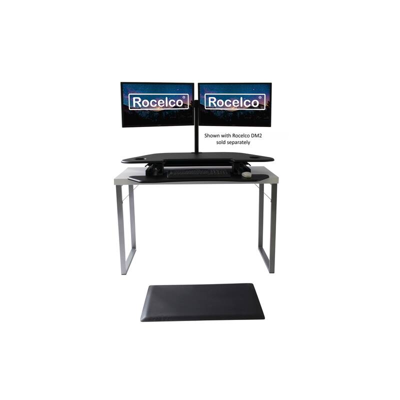 Rocelco 46 in. W Black Height Adjustable Corner Standing Desk Converter with Anti Fatigue Mat and Dual Monitor Riser Platform