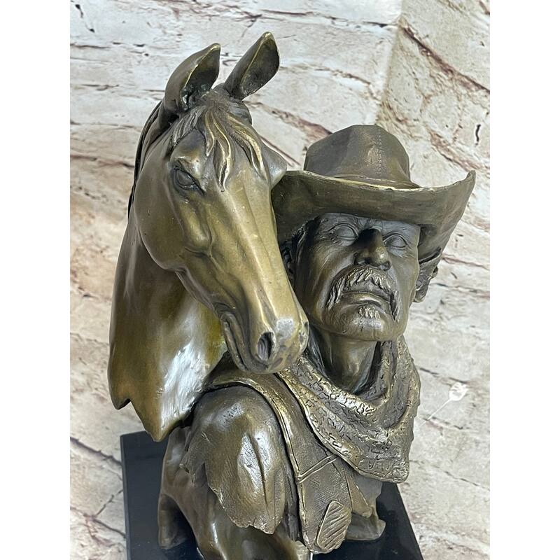 Western Art Old West Cowboy With Horse Bronze Bust Sculpture Marble Statue Decor