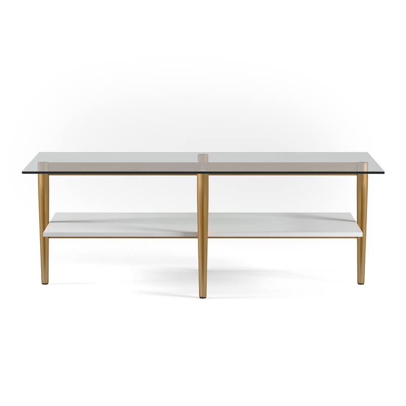 47" Gold Glass Coffee Table with Steel Base and Storage Shelf for Living Room - 47” x 22” x 17”