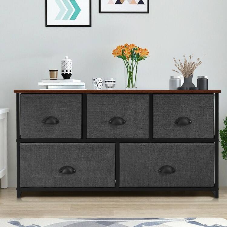 5 Drawer Fabric Storage Organizer with Steel Frame and MDF Top Modern Dresser Cabinet for Bedroom Closet or Entryway