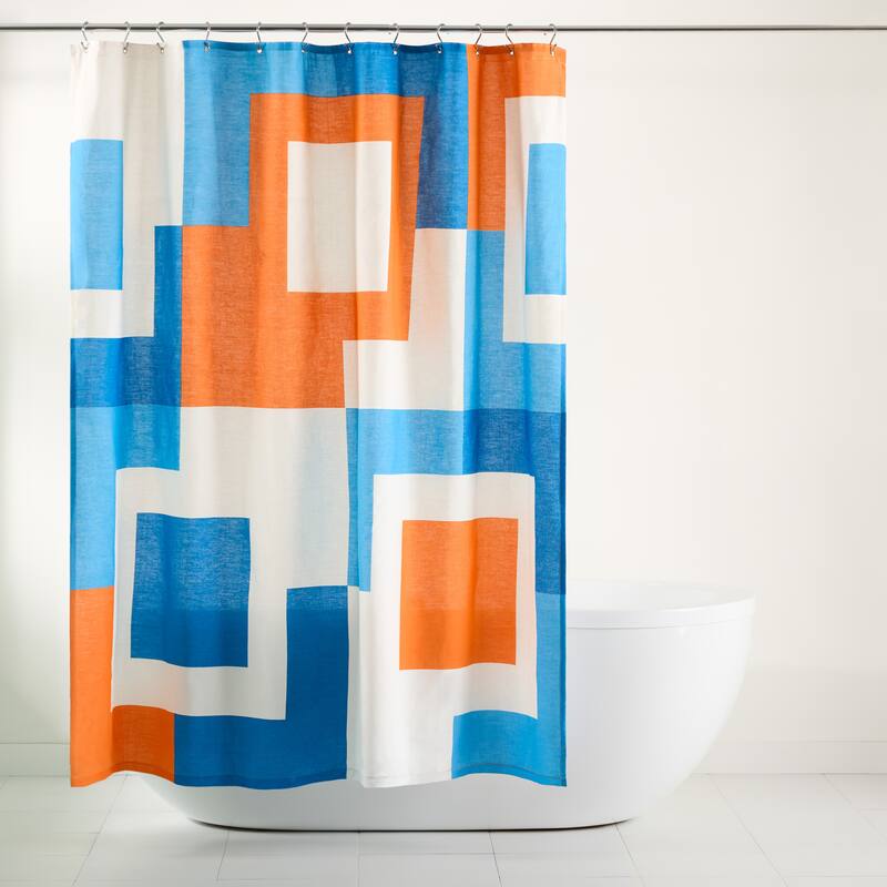 TOWN & COUNTRY PLAY Lucy Mid Century Squares Cotton-Rich Breathable Fabric Shower Curtain with Anti-Rust Grommets - 70"x72"