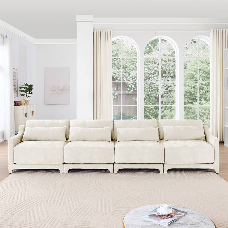 Modern Chenille 4-Seater Sofa with 2 Ottoman, Lumbar Cushions, Ergonomic Backrest, High-Resilience Spongeand Tufted Armrests