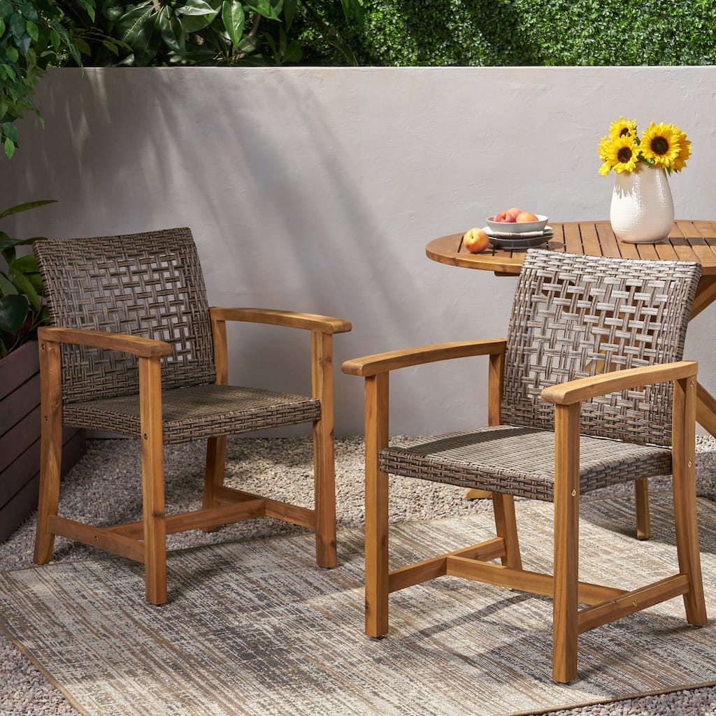 2pc Hampton Dining Chair Set Brown Acacia Wood and Wicker Outdoor Patio Furniture 33in Height
