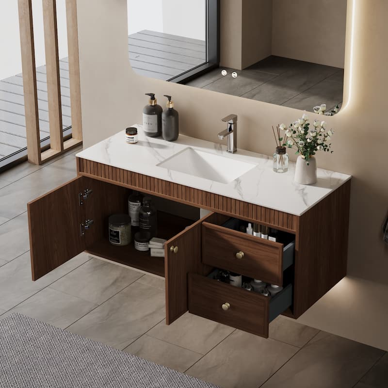 48" Mid-Century Modern Floating Bathroom Vanities, Sintered Stone Table top with Solid Wood Cabinets