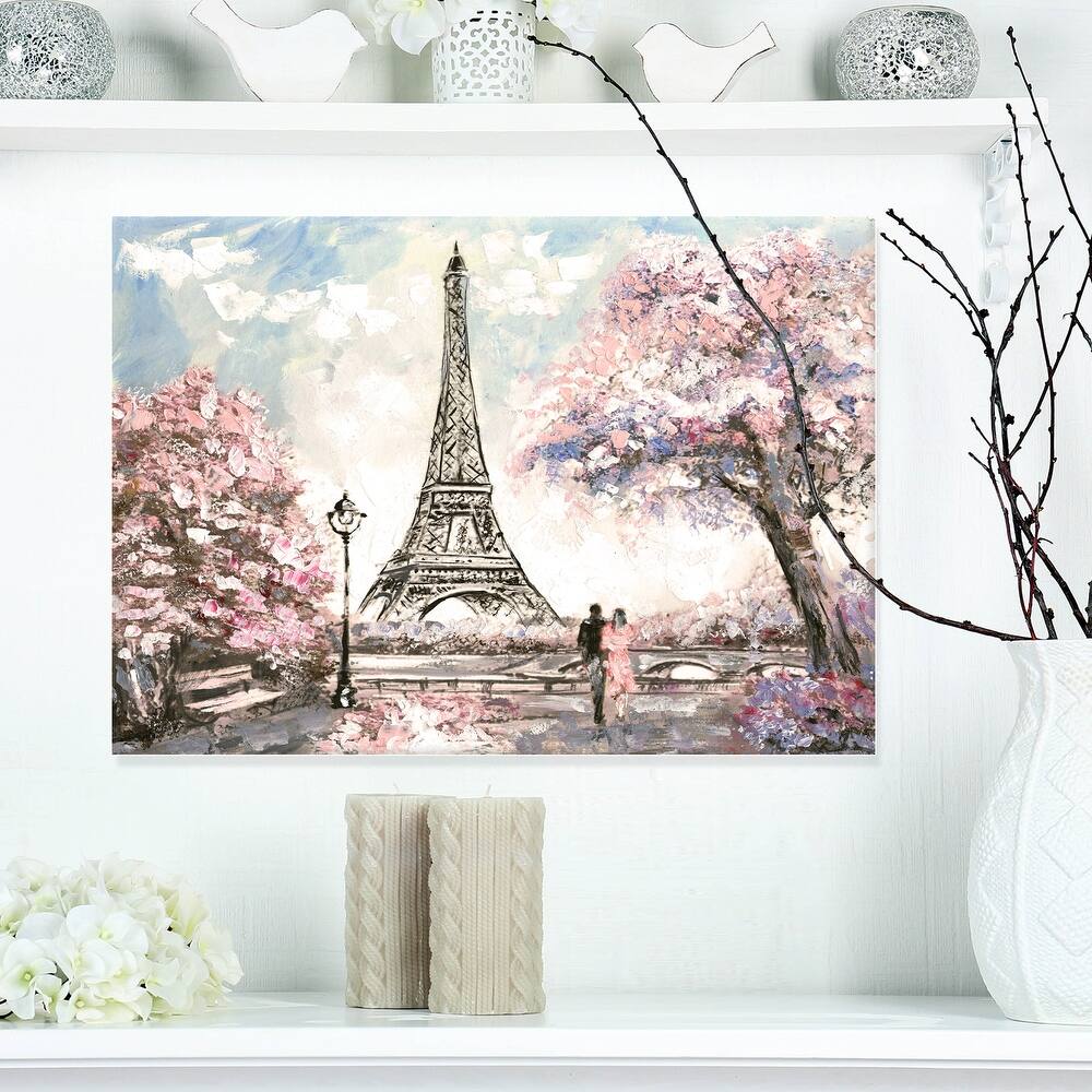 Designart Eiffel with Pink Flowers Landscape Canvas Art Print