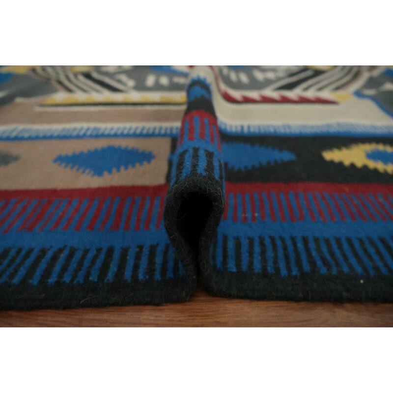 Hand Woven Oriental 100% Wool Carpet Southwestern Tribal Navy Blue & Blues Kilim Area Rug - 10' 1'' X 8' 1''