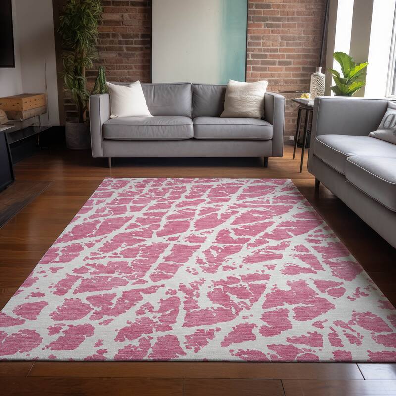 Machine Washable Indoor/ Outdoor Transitional Pink Crackle Chantille Rug