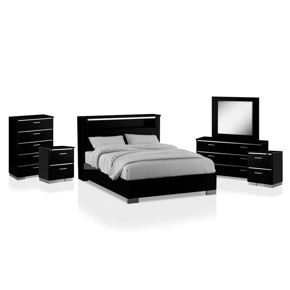 Lofa Contemporary Black Wood Storage Panel Bedroom Set with LED and USB Ports by Furniture of America