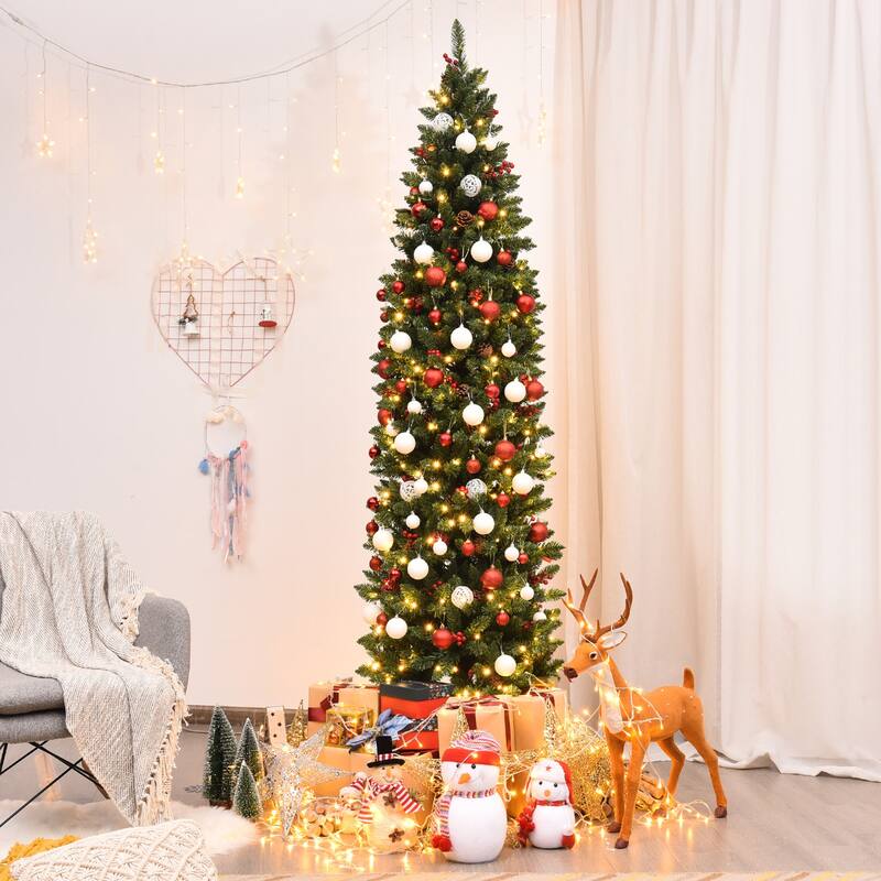 Gymax 7.5Ft Pre-Lit Pencil Christmas Tree Hinged Artificial Slim Tree - See Details