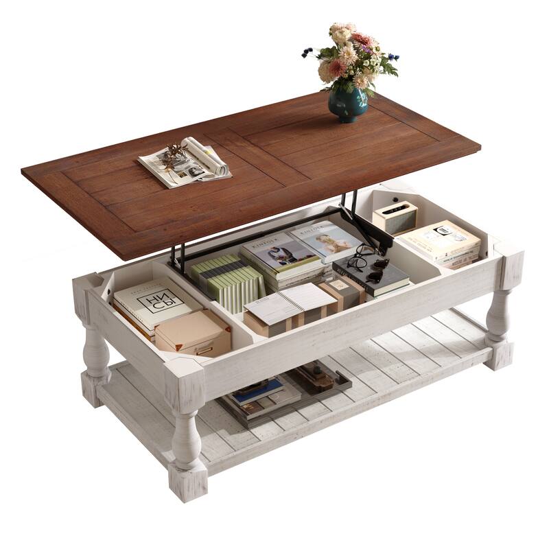47" Farmhouse Lift Top Coffee Table with Fixed Shelf and 3 Hidden Storage