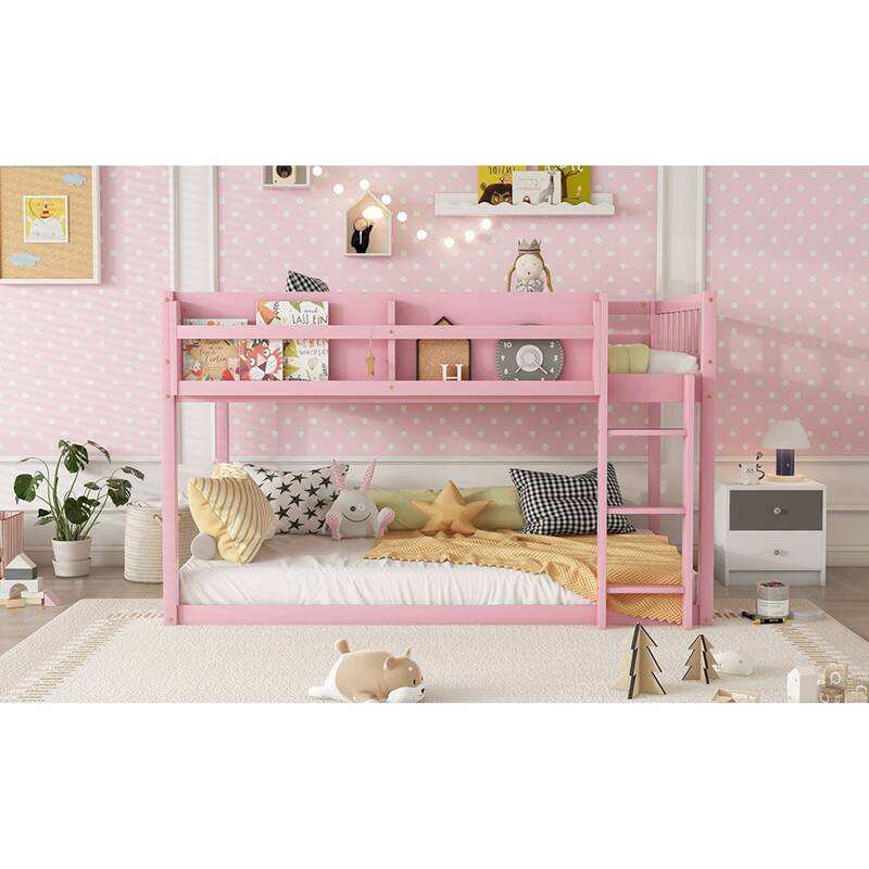 Roomfitters Twin Over Twin Bunk Bed, Low Floor Loft Platform Bed and Shelf with Wooden Frame for Bedroom