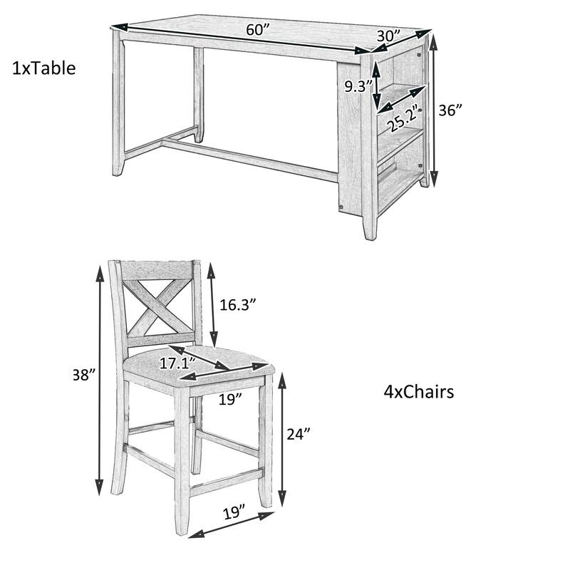 5Piece Counter Height Dining Set, Rustic Farmhouse Living Room Kitchen