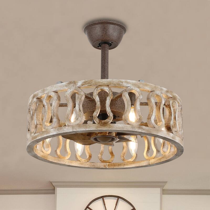 18" Oaks Aura Farmhouse Distressed Wood Caged Ceiling Fan with Lights, 6-Speed Silent Shabby Chic Bladeless Ceiling Fan - Distressed Wood - Remote