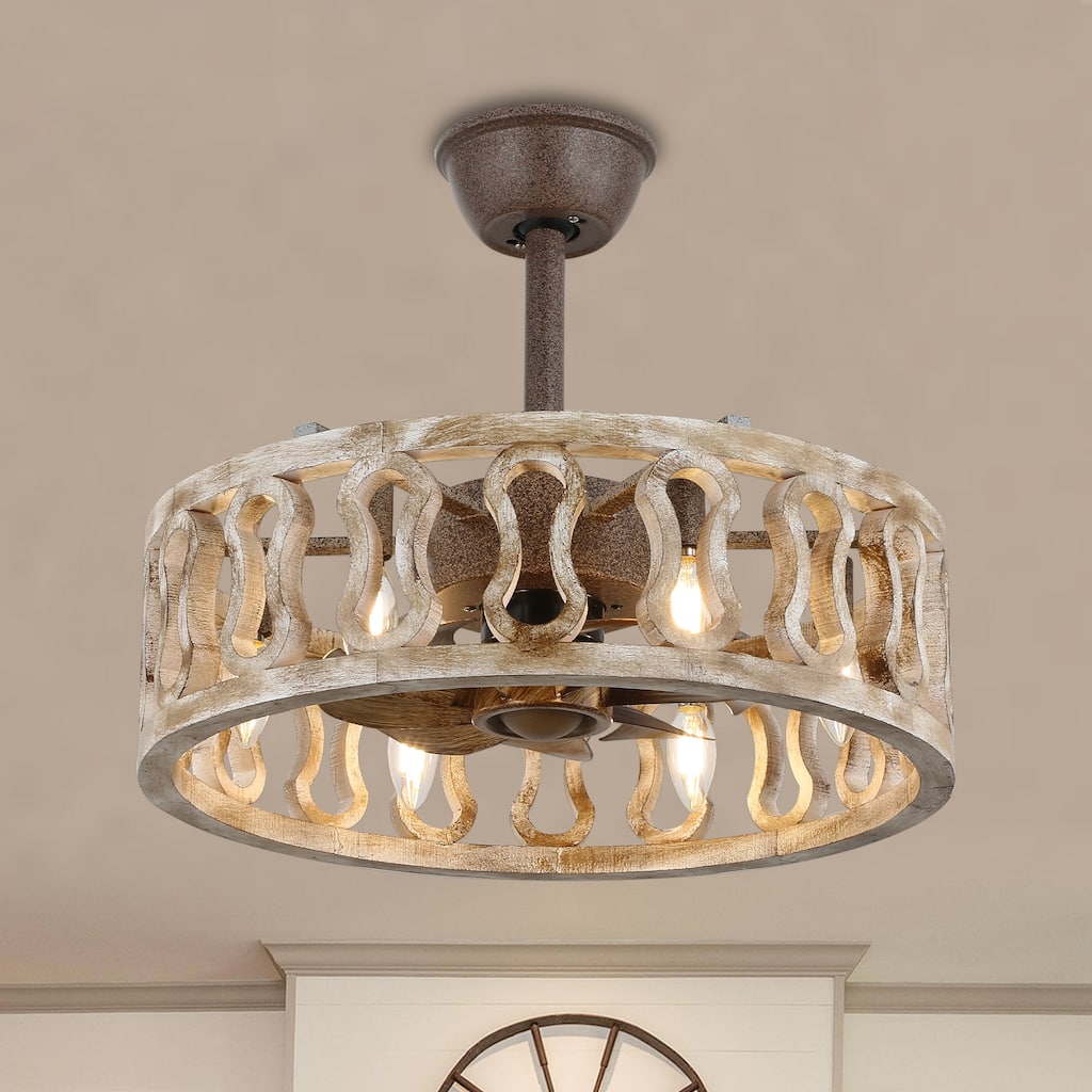 18" Oaks Aura Farmhouse Distressed Wood Caged Ceiling Fan with Lights, 6-Speed Silent Shabby Chic Bladeless Ceiling Fan