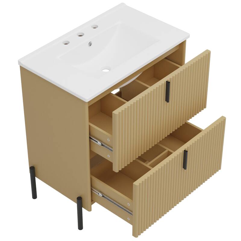 Bathroom Vanity with Ceramic Sink, Freestanding Bathroom Storage Cabinet, Fluted Bathroom Vanity with 2 Full-Extension Drawers
