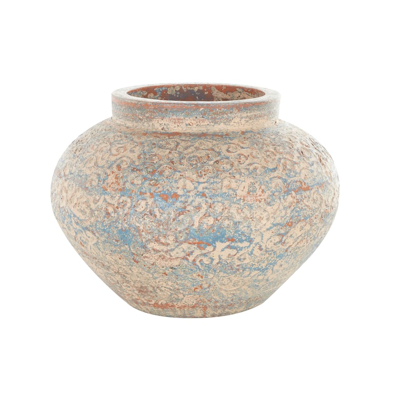 Beige Ceramic Handmade Antique Style Wide Rounded Scroll Decorative Vase with Blue and Copper Accents