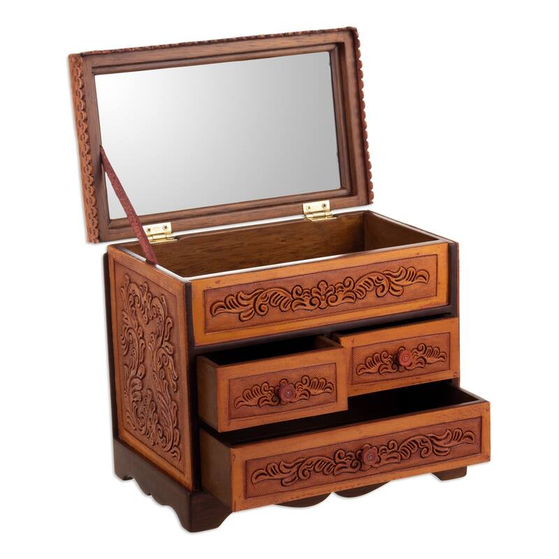 Novica Handmade Baroque Mysteries Wood And Leather Jewelry Box