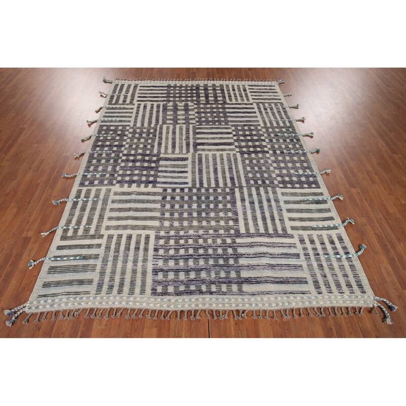 Striped Checkered Moroccan Oriental Area Rug Handmade Wool Carpet - 8'0"x 10'9"