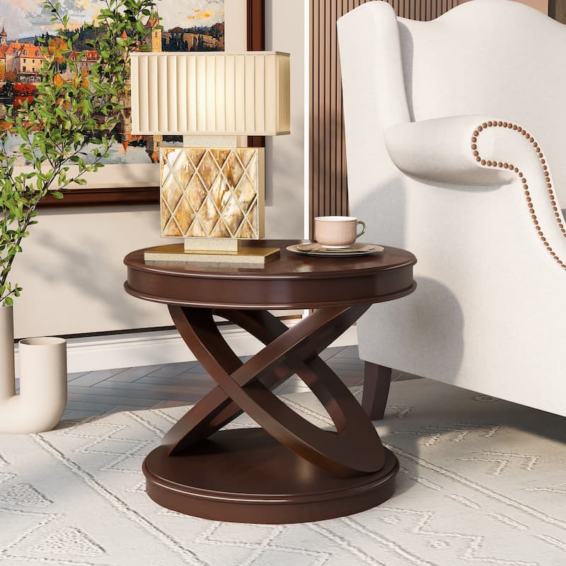 Retro Round Wooden End Table, Sofa Side Table with X-shape Base for Family Dining or Living Room. Espresso