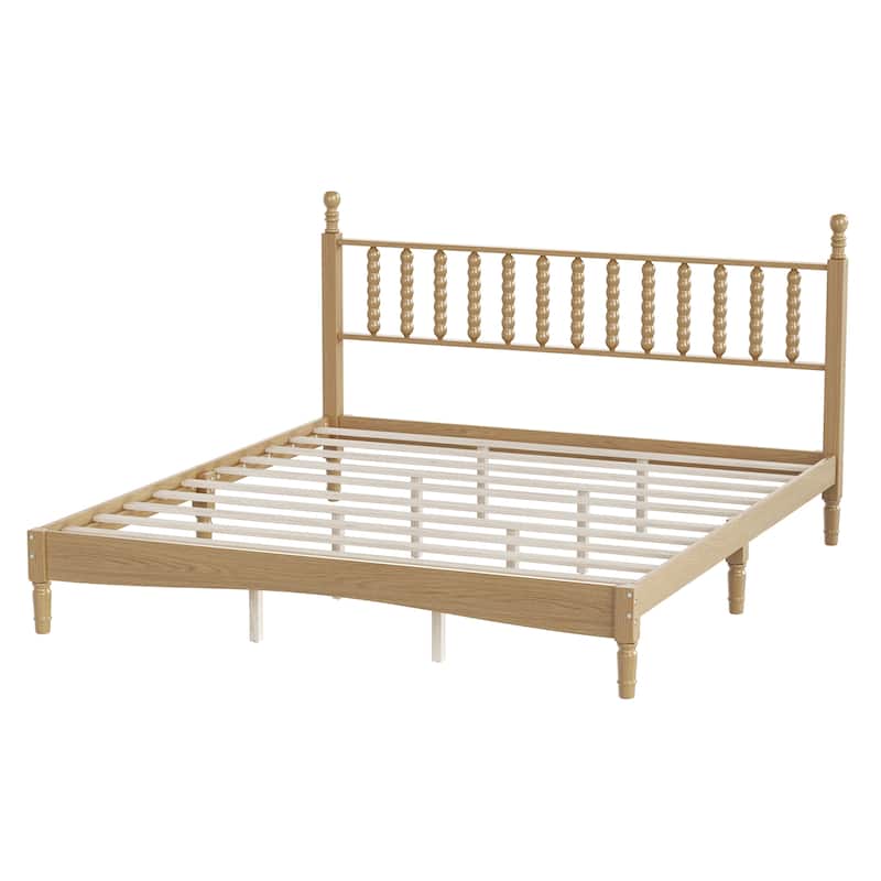 King/Full Size Wood Platform Bed with Gourd Shaped Headboard - Retro Style Wooden Slat Support Bed Frame