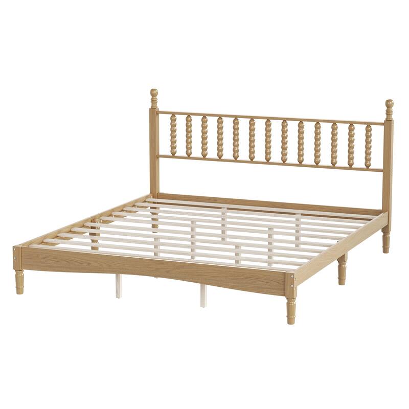Retro Style Wood Low Profile Platform Bed with Wooden Slat Support and Gourd Shaped Headboard, No Box Spring Needed