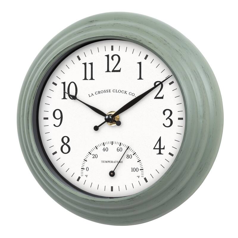 La Crosse Clock 8 In. Outdoor Sage Green Quartz Clock w/ Temp