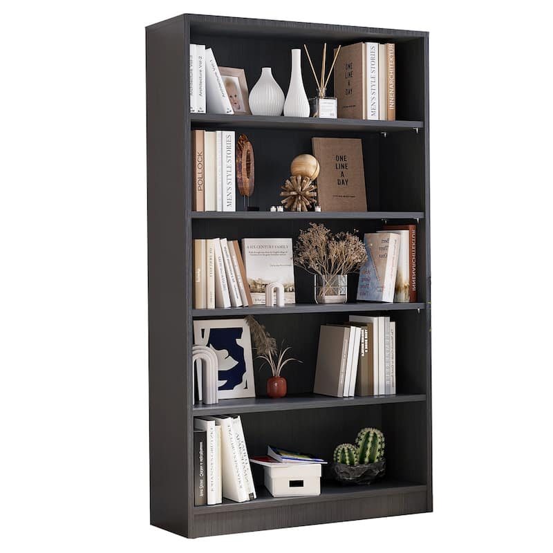 5 Shelf Office Bookcase, 60 Inches Tall Modern Wood Bookshelf, 5 Tier Wide Bookshelves Library Bookcase - Grey