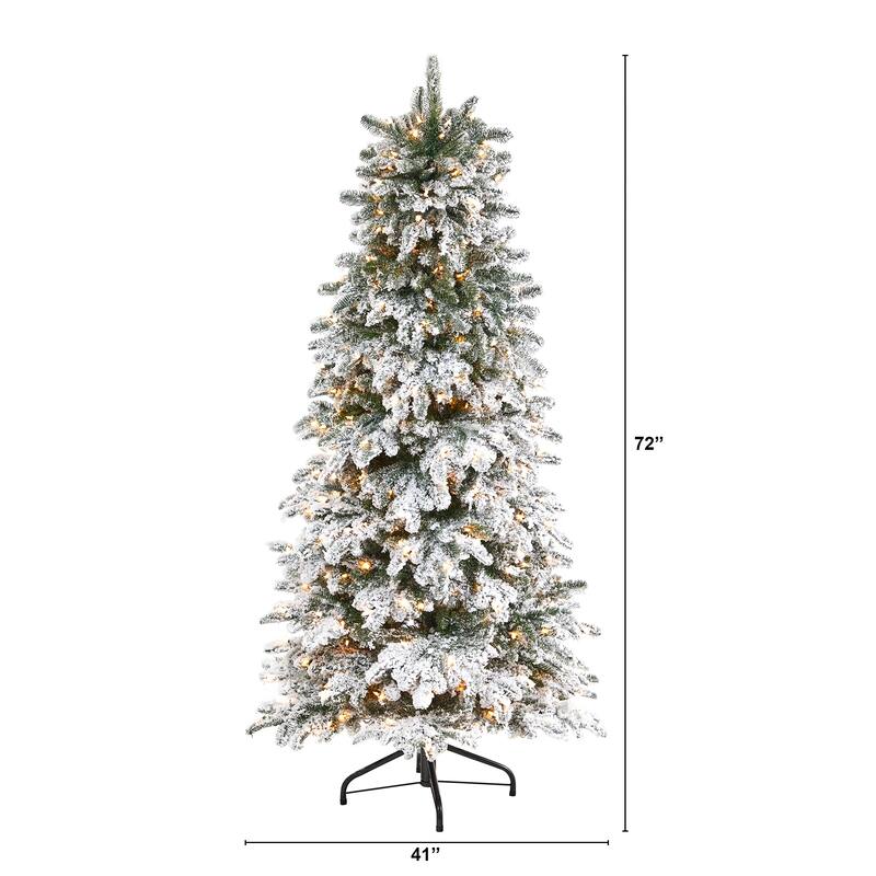 6’ Pre-Lit Flocked North Carolina Fir Artificial Christmas Tree, Clear LED Lights - 6 Foot