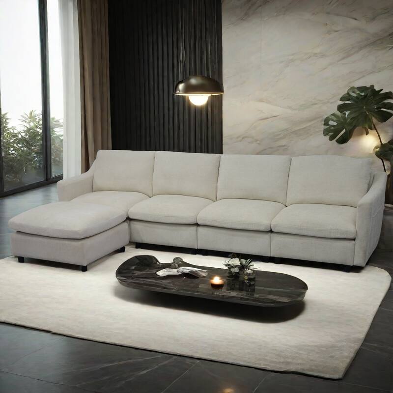 4-Seater Modern Beige Fabric Modular Sofa with Ottoman, Armrest Pockets and 4 Pillows