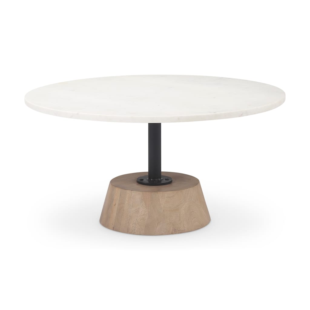 Maxwell White Marble Top With Light Brown Solid Wood Base Round Coffee Table