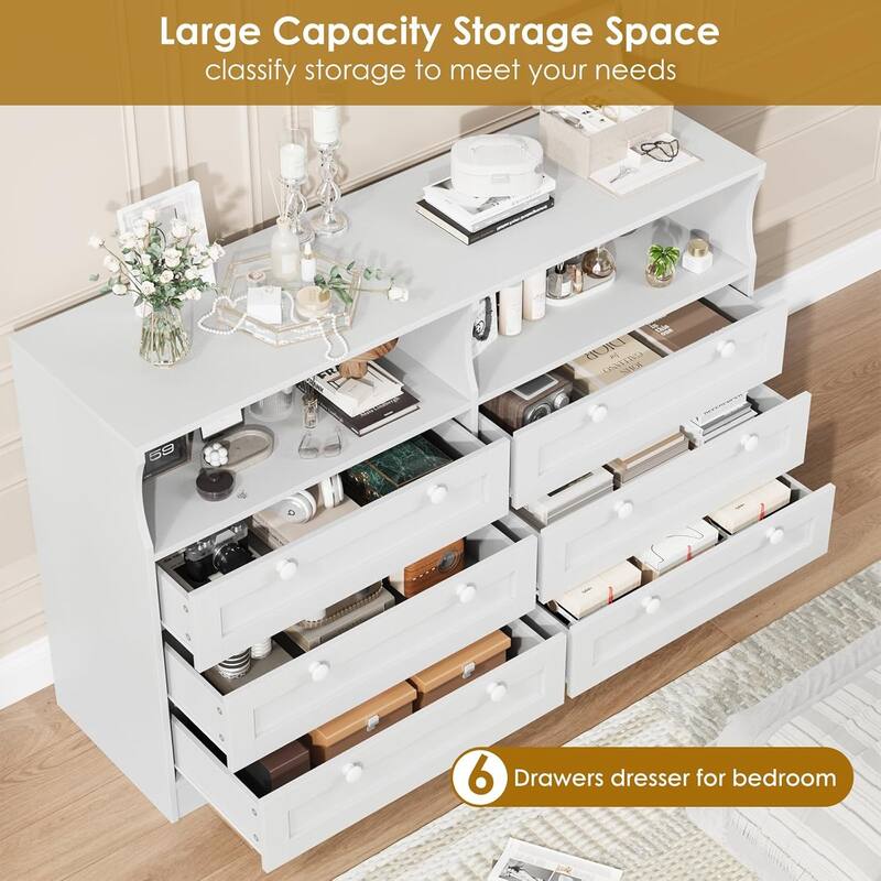 6 Drawer Dresser for Bedroom with Power Outlet and LED Light