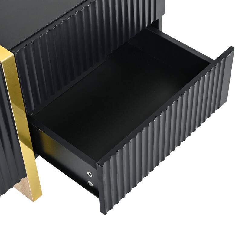 Modern Fluted TV Stand Luxury TV Stand with Storage Drawers and Gold Wood-Grain Legs, for Living Rooms, Black