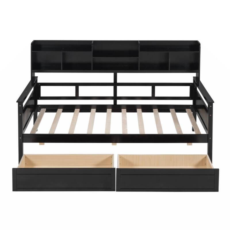 Twin size Daybed, Wood Slat Support, with Bedside Shelves and Two Drawers