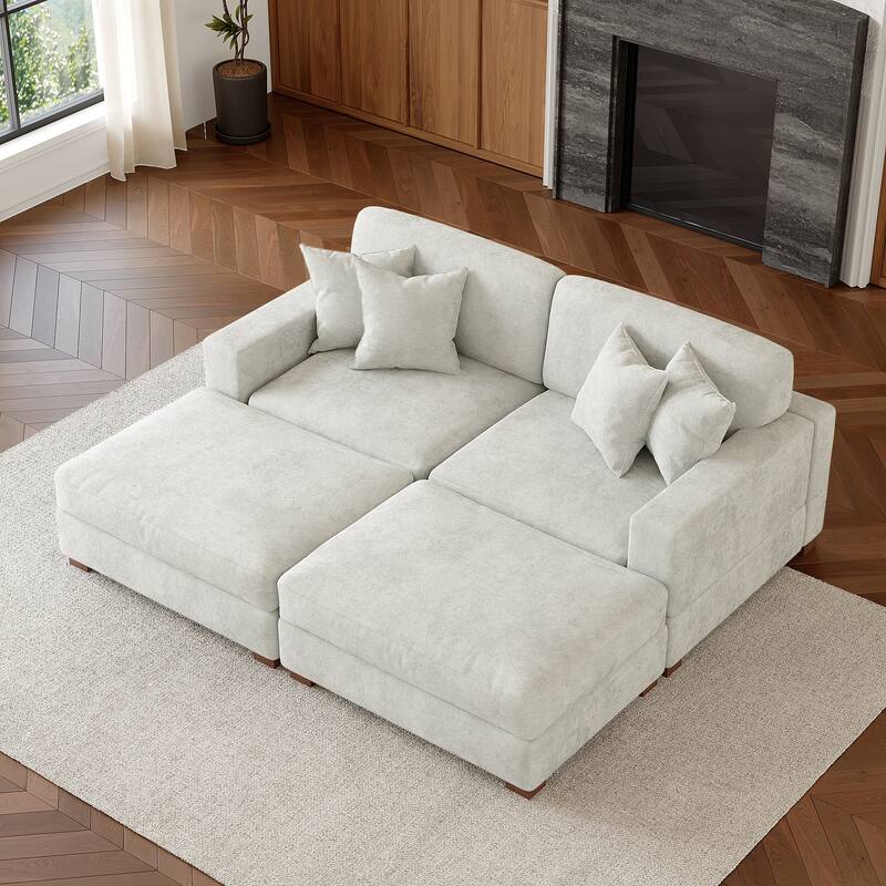 Oversized Chenille Modular Sectional Sofa Conversation Set with 2 Ottomans - Off-White/4 Piece