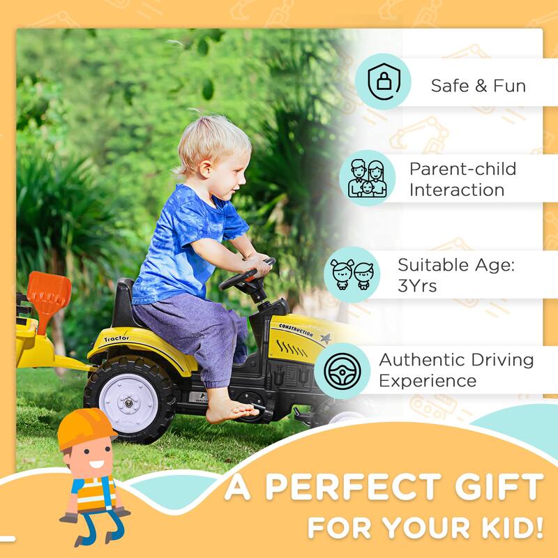 Ride-On Farm Tractor for Kids with Pedals, Rear Back Storage Trailer, Shovel and Rake, Horn, and Anti-Slip Wheels
