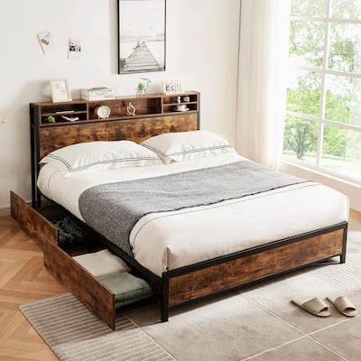 Queen Bed Frame with Bookcase Headboard and 4 Storage Drawers