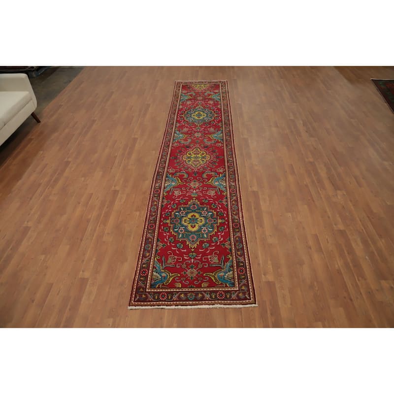 Hand Knotted Oriental 100% Wool Carpet Traditional Floral Red Tabriz Runner Rug - 13' 4'' X 2' 10''