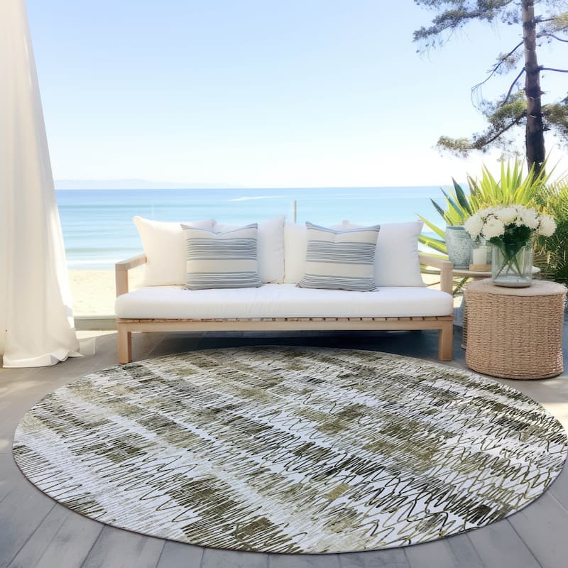 Machine Washable Indoor/ Outdoor Chantille Abstract Zig Zag Rug - Taupe - 8' x 8'