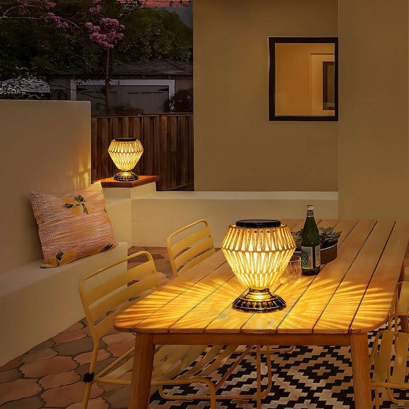 Solar Panel Rattan Woven Lights Dimmable Nightstand Desk Lamp Outdoor Indoor Decorative
