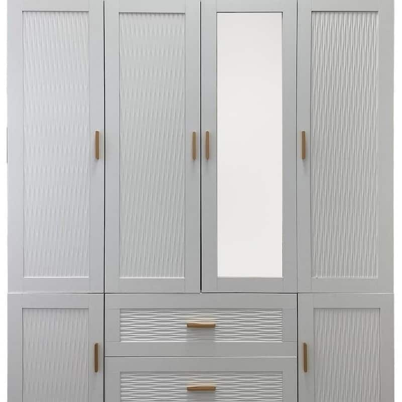 HomeRoots 75" White Ribbed Texture Wood Mirrored Six Door Two Drawer Combo Dresser