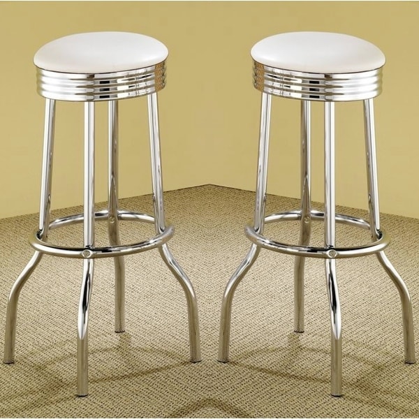 Nostalgic Retro Chrome White Swivel Bar Stools Set of 2 On
