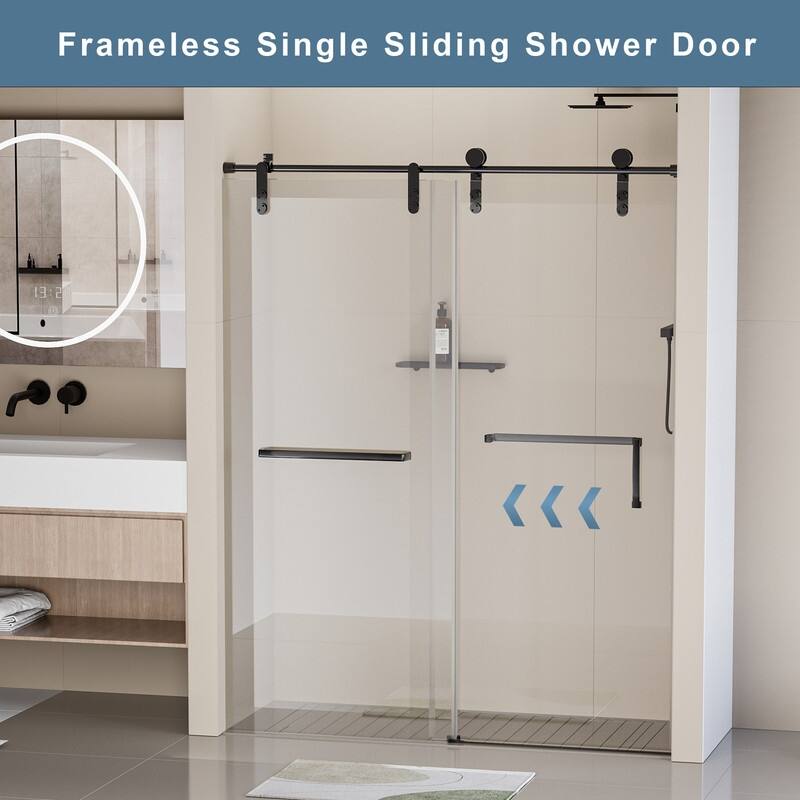 56-60" W x 76" H Single Sliding Frameless Shower Door with 5/16" (8mm) Tempered Glass & Dual Towel Bars