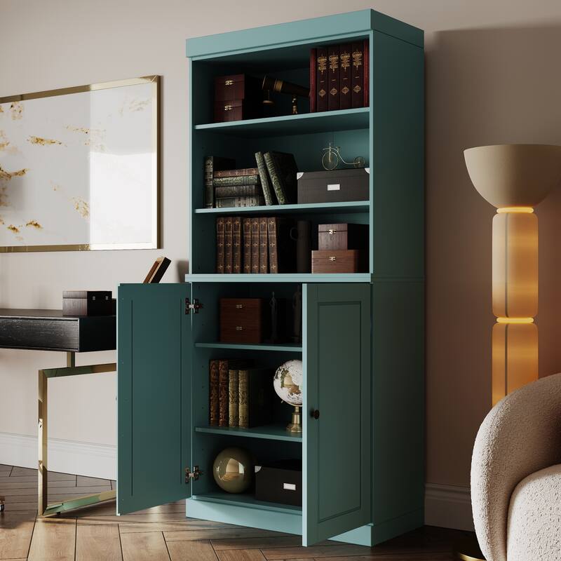 Palace Imports Solid Wood 6-Shelf Bookcase, Raised Panel Doors, Adjustable Shelves - Aqua