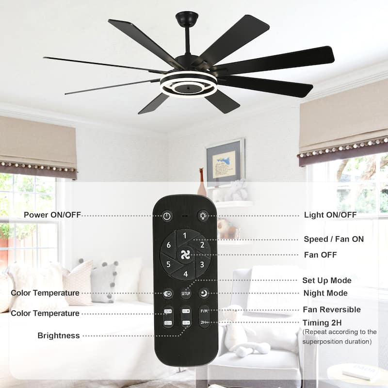 Cusp Barn 72" Modern LED Ceiling Fan with Lights and Remote, Reversible 6 Speeds Chandelier Ceiling Fan for Large Room